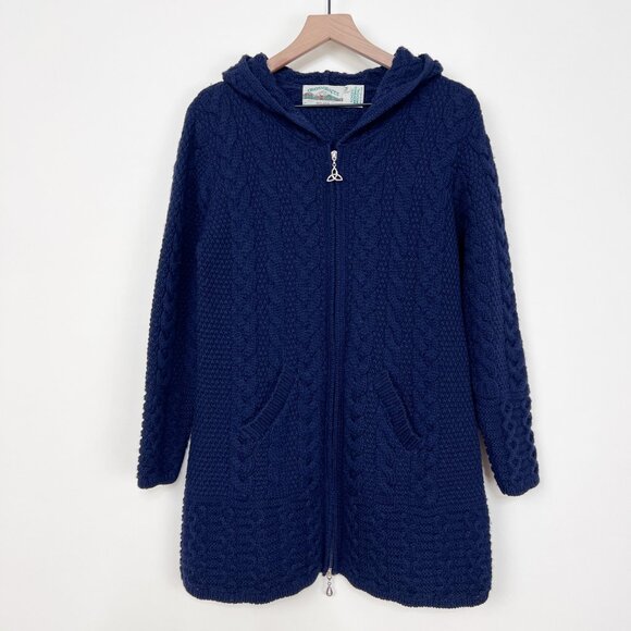 Aran Crafts 100% Merino Wool Hooded Coatigan Cardigan Sweater Coat Cable Knit - Picture 3 of 9